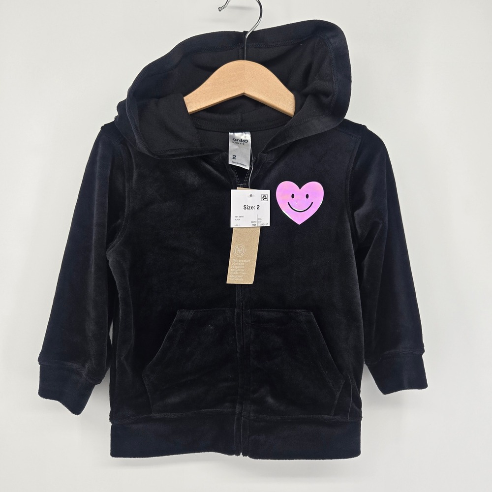 Anko Zip Up Hoodie Kids Size 2 Black Velour Holographic Heart Smiley Face Sweat